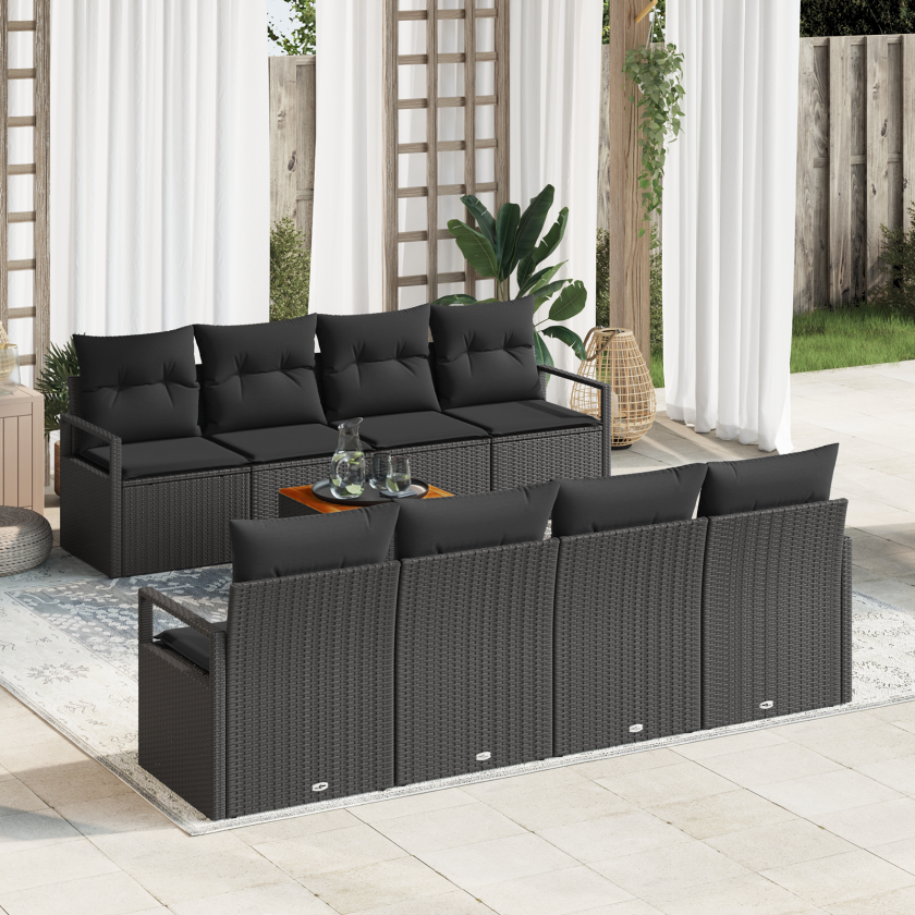9 Delt Hagesofa Set med Puter Svart Poly Rattan Akasie, 2-seters Hagesofa med Oppbevaring & Puter Svart Poly Rattan