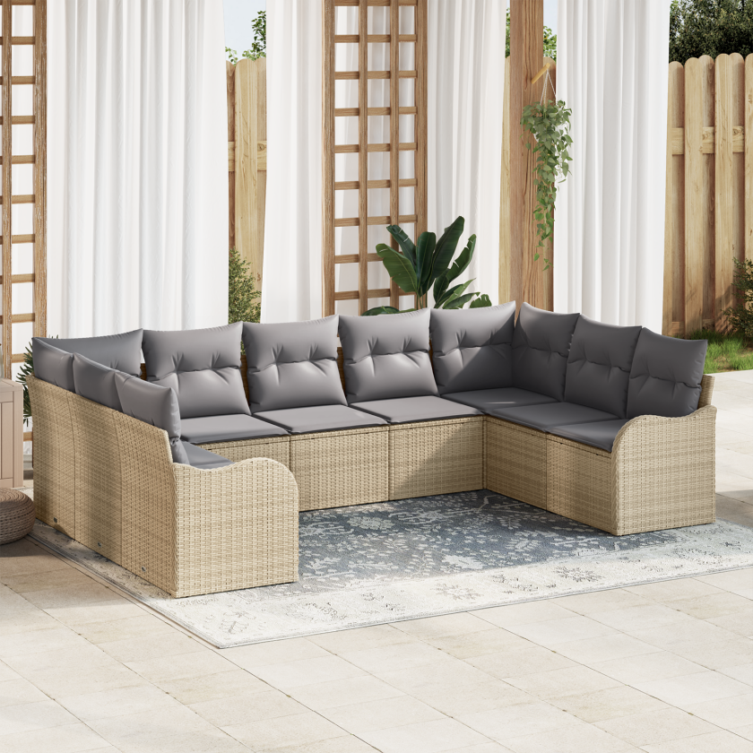 9-delers hagesofa sett med puter Beige Poly Rattan, 2-seters hagesofa med lagring og puter Beige Poly Rattan