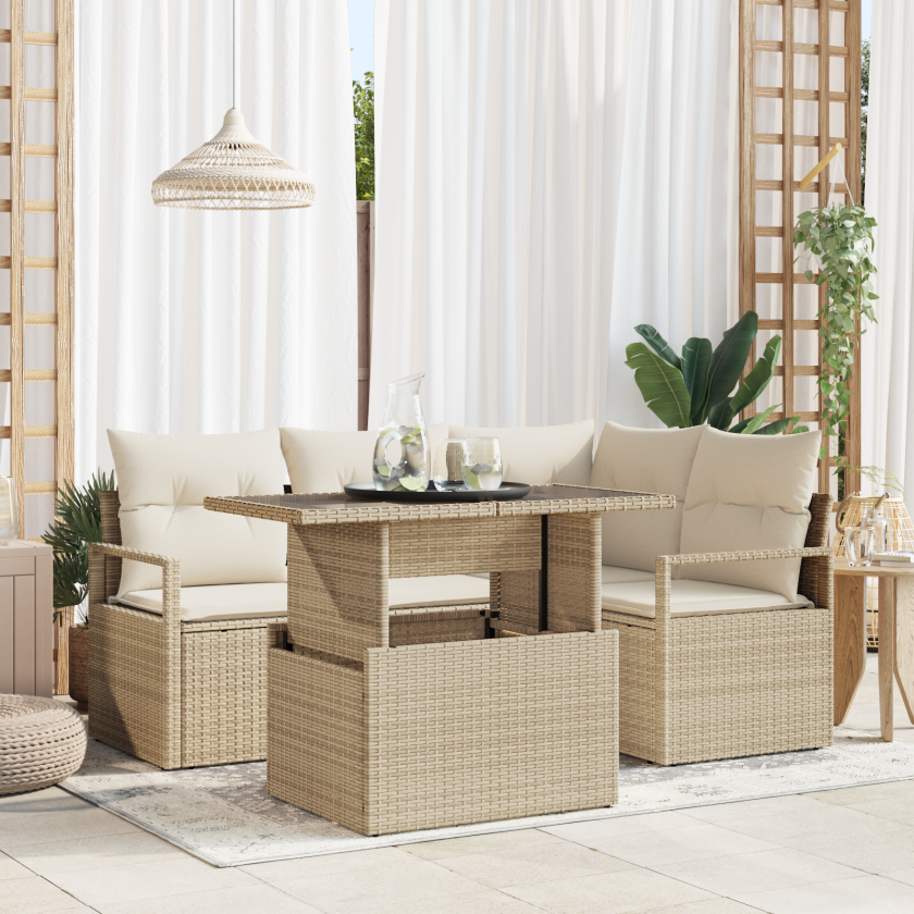 5 Delt Hage Sofa Set med Puter Beige Poly Rottning, 2-seters Hage Sofa med Puter Beige Poly Rottning