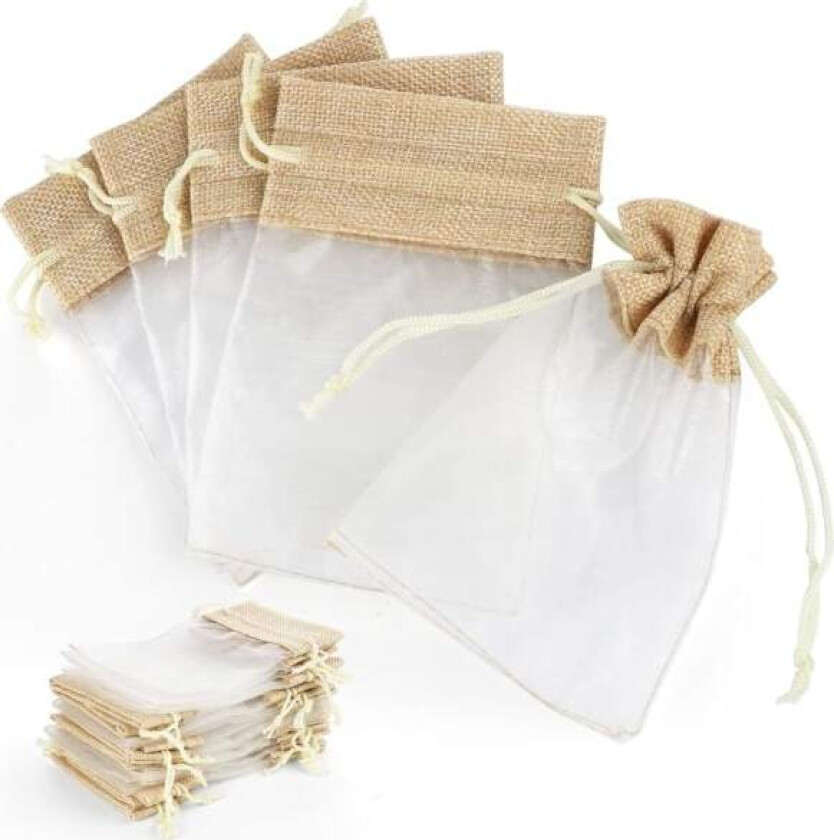 Bilde av Organza Gaveposer, 30 stk Bryllupssmykkeposer, 10x15cm Jute Gavepose med Snøring, Nett Godtepose, Smykkeposer til Bryllup, Fest