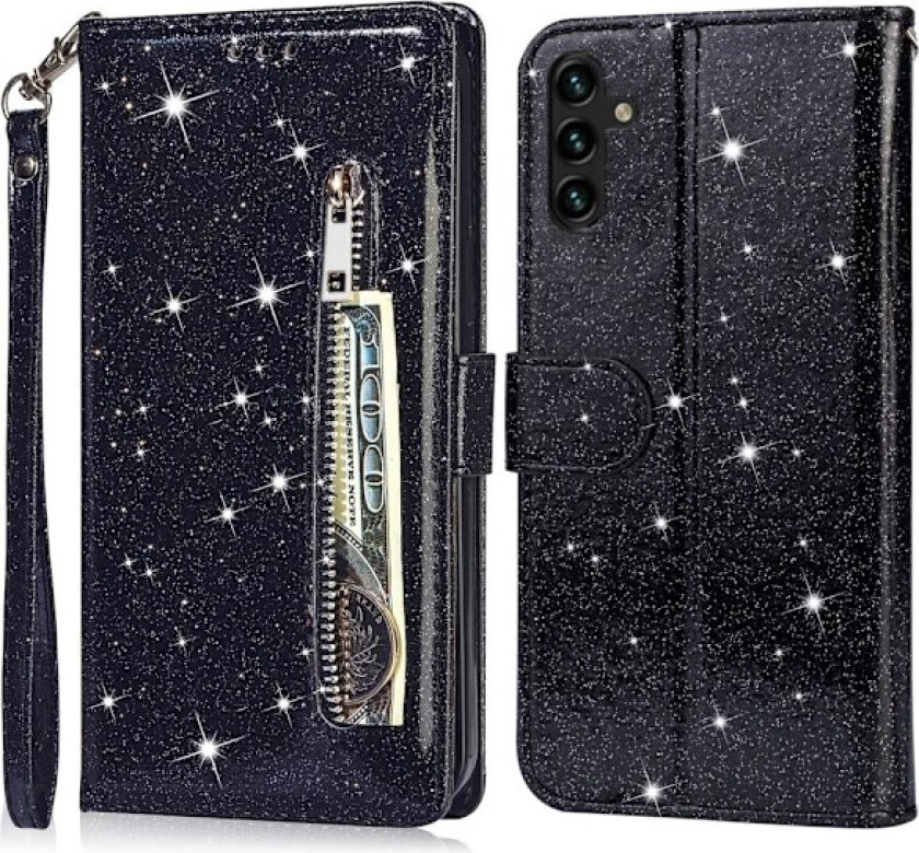 For Samsung Galaxy A56 5G Stående Glitterdeksel med Glidelåslomme - Black