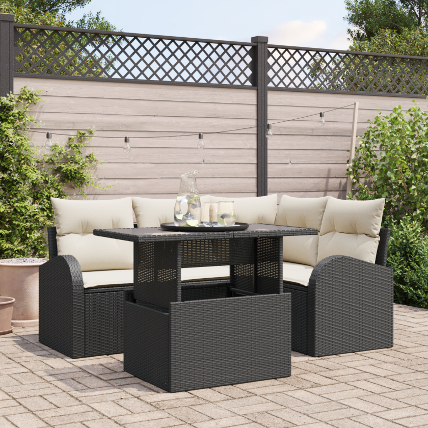 5 Delt Hagesofa Sett med Puter Sort Poly Rattan, 2-seters Hagesofa med Oppbevaring & Puter Sort Poly Rattan