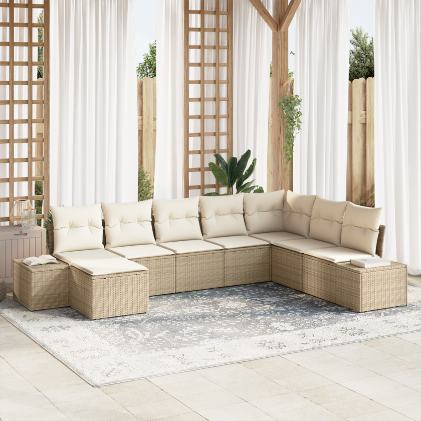 8-delt hagesofa sett med puter beige poly rattan