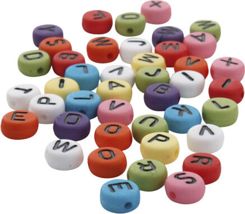 Runde bokstavperler, diam. 7 mm, hullstørrelse 1-2 mm, tykkelse 4 mm, Ass. farger, 500g/ 1 pk.