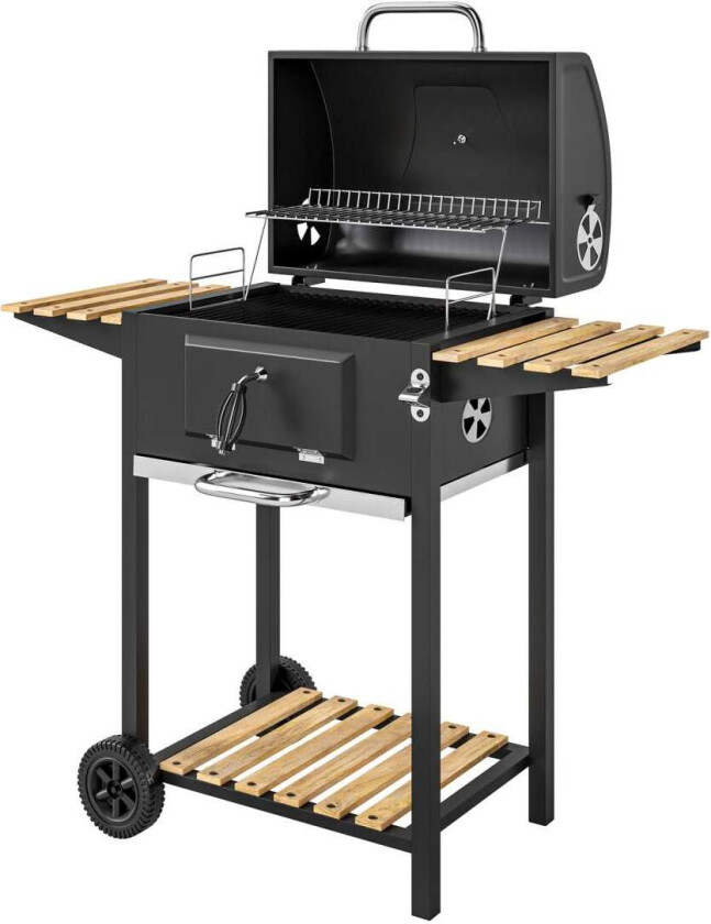 Kullgrill laget av rustfritt stål, mobil grillvogn med lokk, termometer, grillrist, hjul, justerbart håndtak, kullbrett, kullgri
