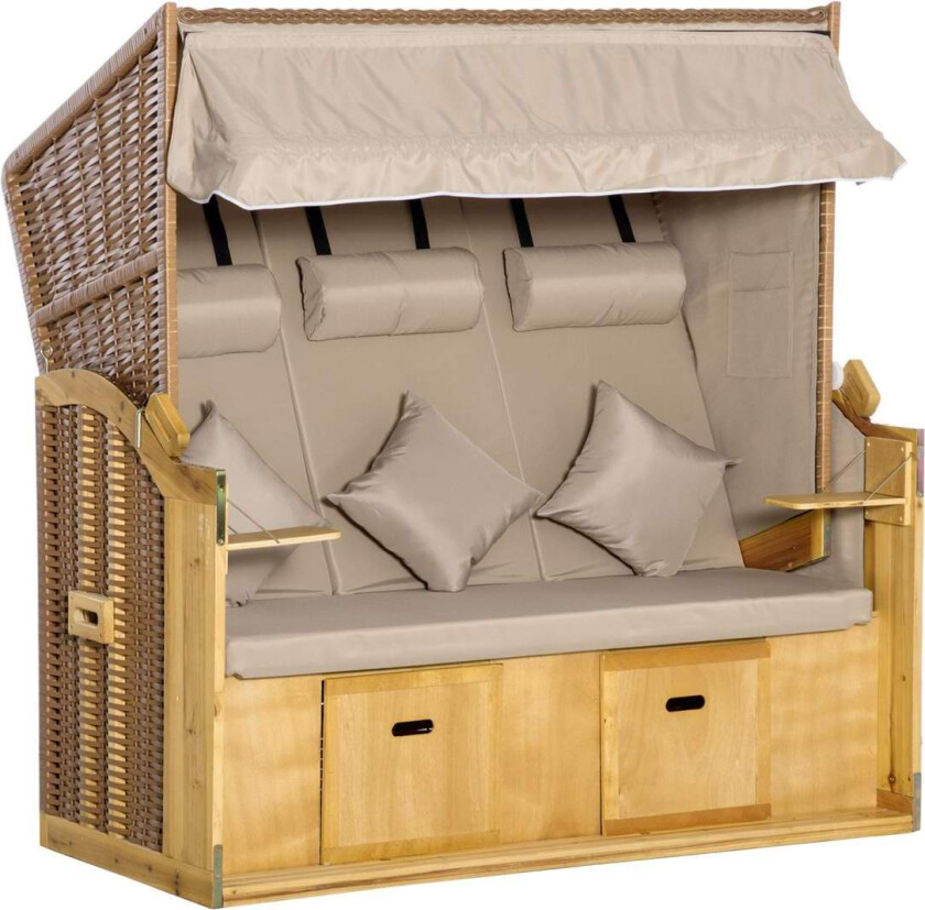 Strandstol 3-seters solseng med tak og 2 sammenleggbare bord, fotstøtte, XXL polyrattan natur, 150x79x160cm for hage og terrasse