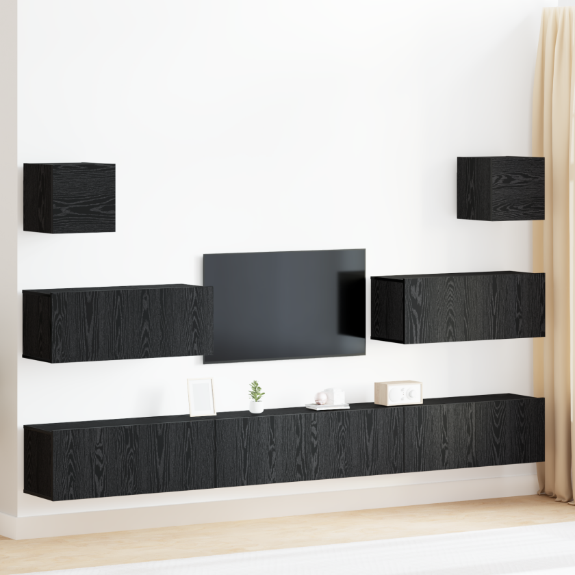 7-delt TV skapsett veggmontert svart eik konstruert tre