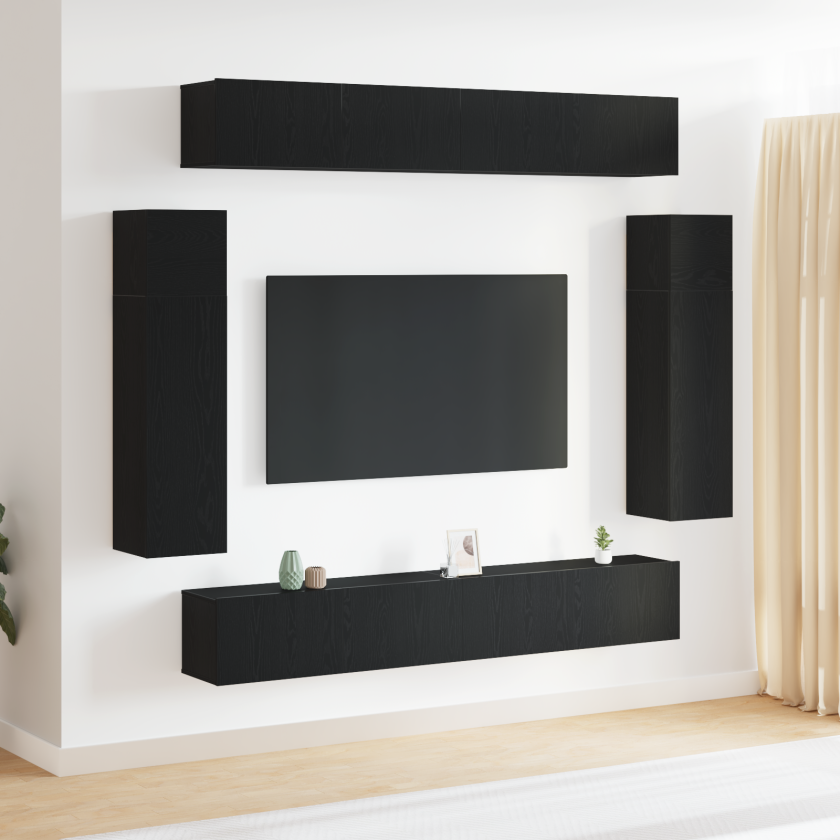 8-delt TV-skapsett veggmontert svart eik ingeniørtre