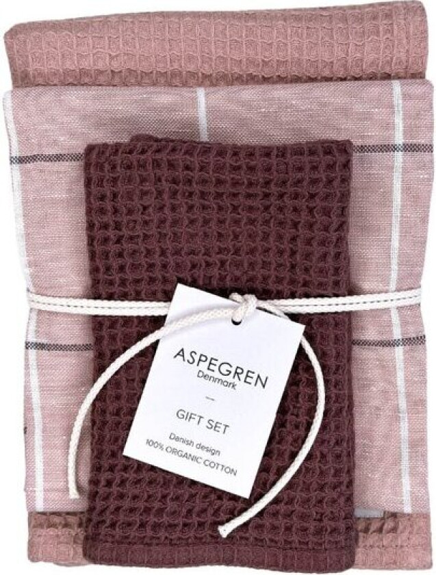 Gavesett med 1 kjøkkenhåndkle & 2 oppvaskkluter raspberry