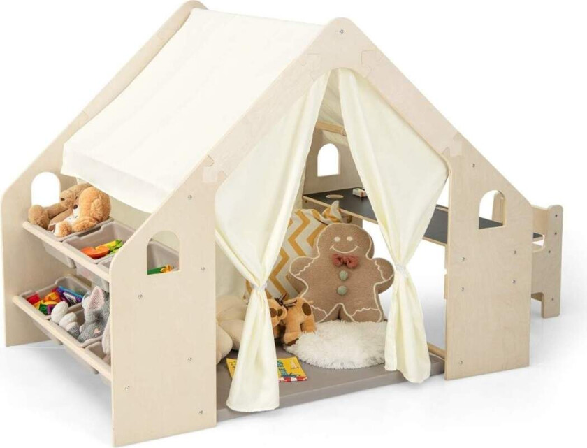 6-i-1 trebarnetelt med barnebord & stol & matte & tavle lekehus 145 x 98 x 113 cm