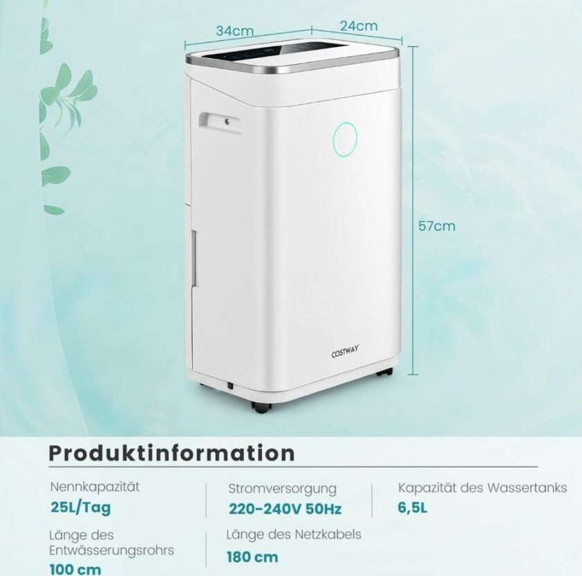 Avfukter med 6,5 L vanntank for opptil 30 - 25 L / dag