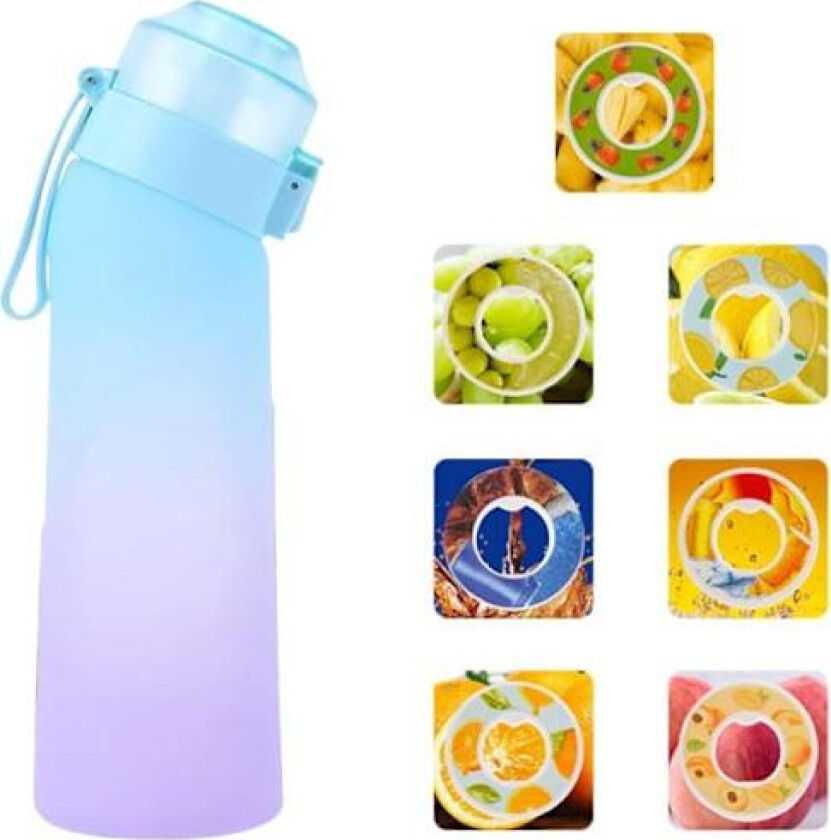 Smaksatt vannflaske med 7 pods Air Water Up Flaske Frostet Svart 650 ml Air Startup Sett Vannkopp for camping, Gradient blå