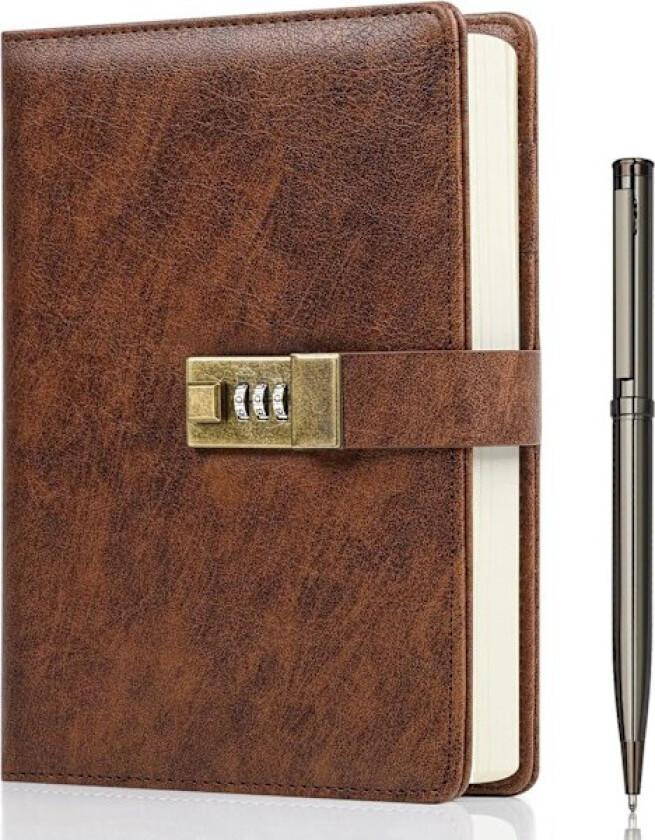 Dagbok med lås, A5 PU-lærjournal med lås 240 sider, Vintage Lock Journal Passordbeskyttet notatbok med penn og gaveeske, 8,6 x 5,8 tommer