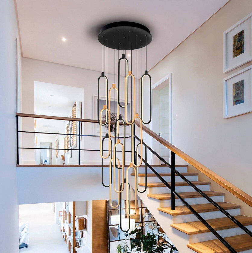 LED-hengelampe Colette, 14-lys, svart/roségull, rund