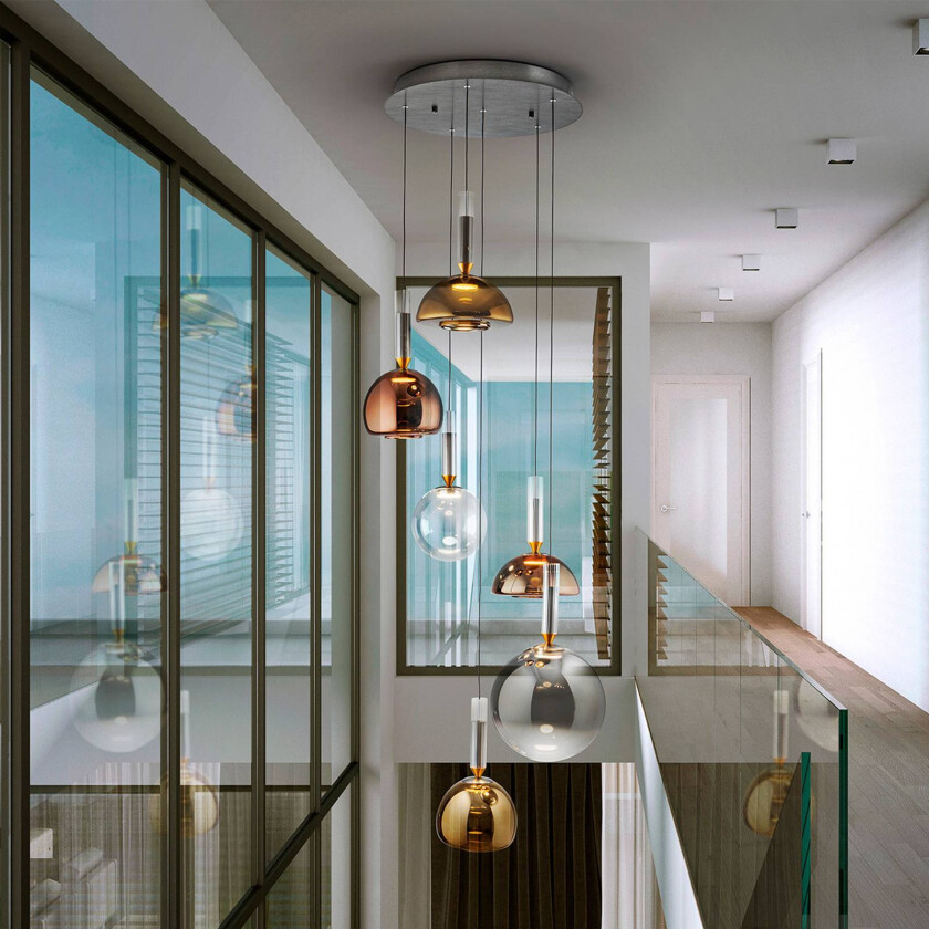 Charlize 6-lys LED-hengelampe, dimbar, firefarget glass