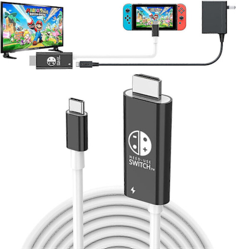 USB C til HDMI-kabel for Nintendo Switch/OLED, 3 i 1-kabel med 100W PD og 4K HDMI, Støtter TV/Steam Deck/Laptop/PC, 2m Svart og Hvit