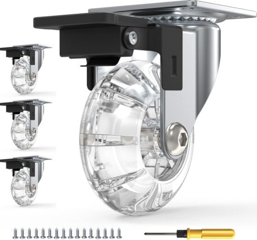 Sett med 4 møbelhjul med bremser, svingbare hjul 360° rotasjon, opptil 600 kg, ingen merker på gulvet, skruer inkludert