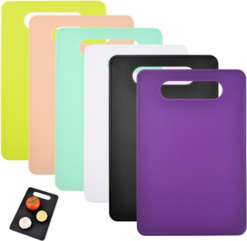 Sett med 6 Plast Skjærebrett, BPA-fri Kjøkkenbrett, Skjærebrettsett med Håndtak, Hakkebrett, Skjærebrett Plast, Antibakteriell Sklisikker