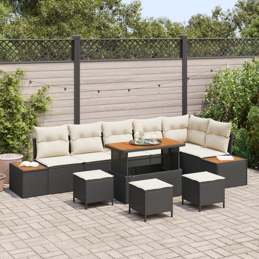 10 Delt Hagesofa Set med Puter Svart Poly Rattan Akacia