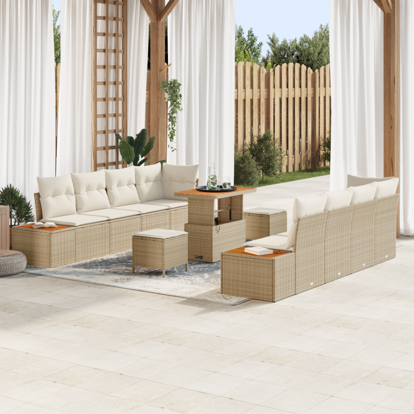 11 Delers Hagesofa-sett med Puter Beige Poly Rattan Akasie