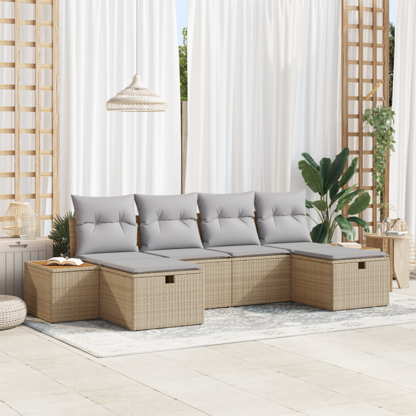 6 Delt Hage Sofa Set med Puter Beige Poly Rottings