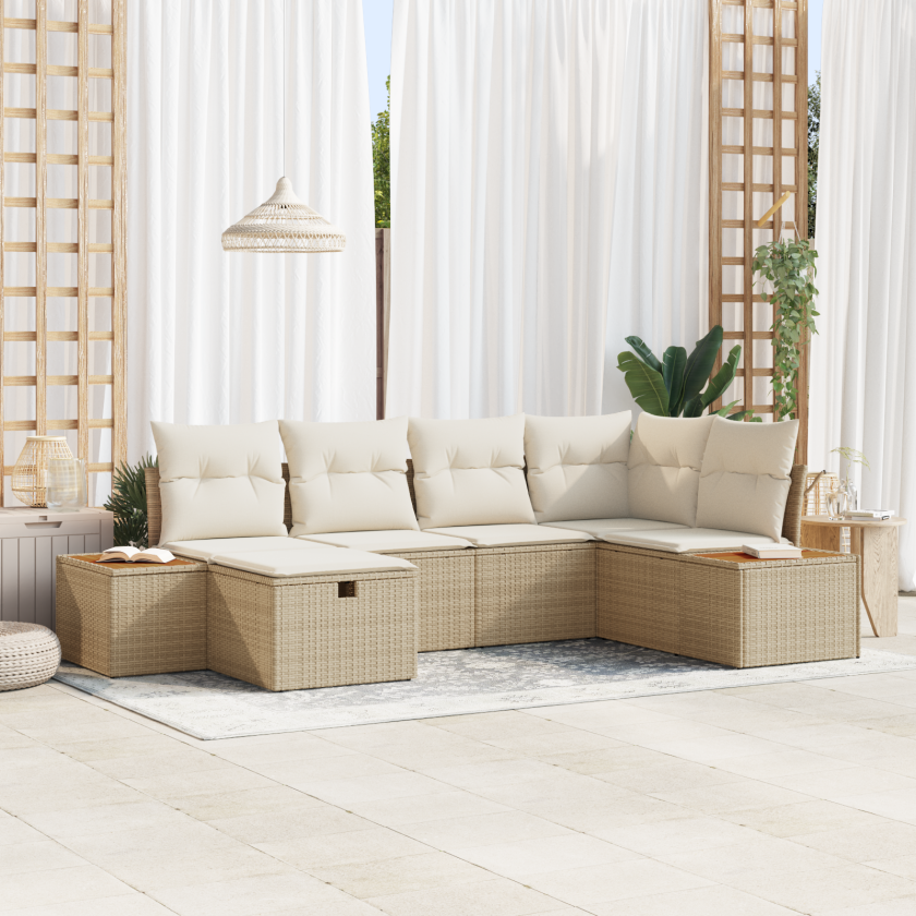 6 Delt Hagesofa Sett med Puter Beige Poly Rottang
