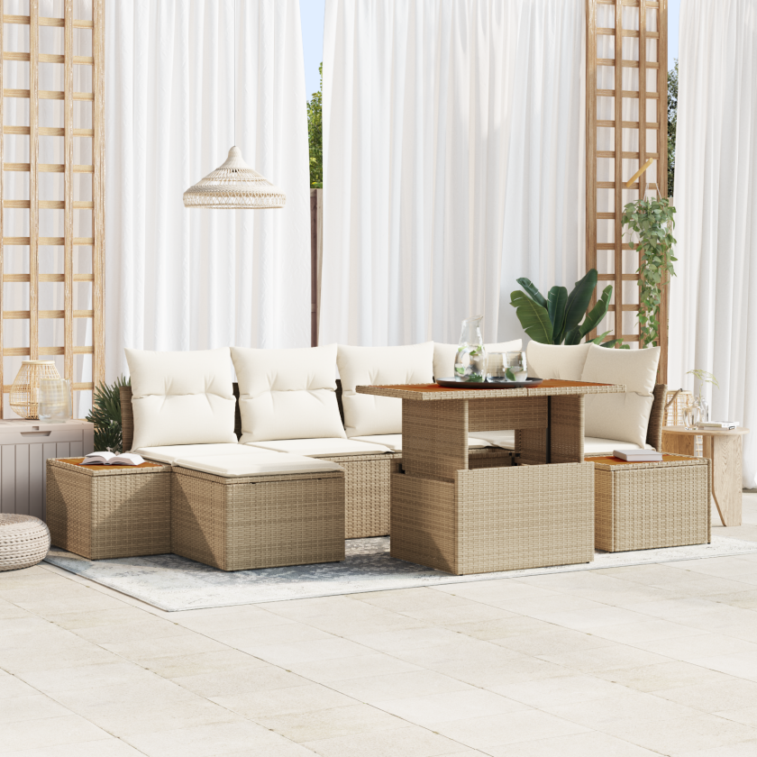 7 Delers Hagesofa Sett med Puter Beige Poly Rattan