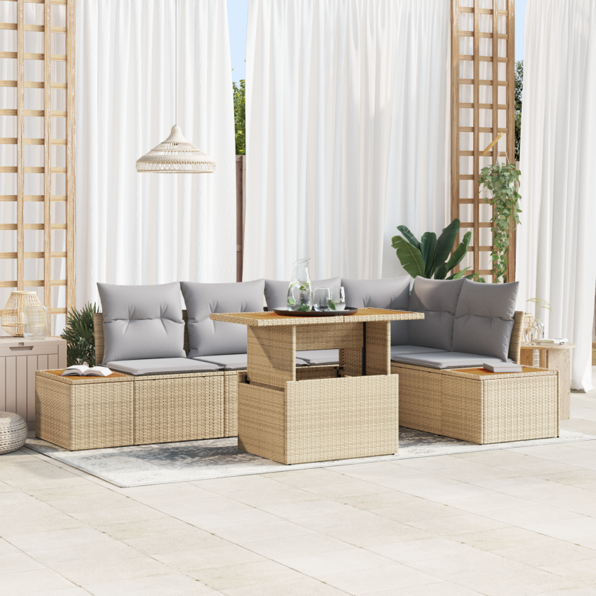 6 Delers Hagemøbelsett med Puter Beige Poly Rattan