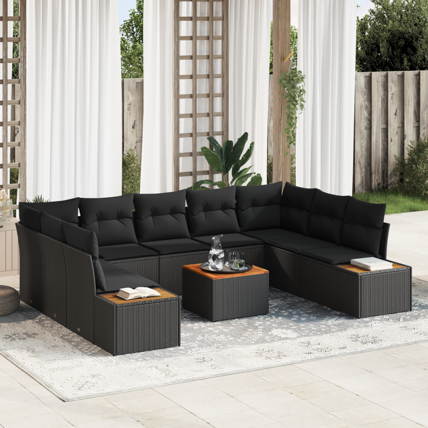 6 Dels Hagesofa Set med Puffer Svart Poly Rattan Akasie
