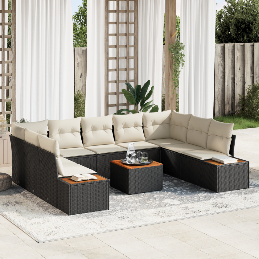 6 Deler Hagesofa Set med Puter Svart Poly Rattan Akacia