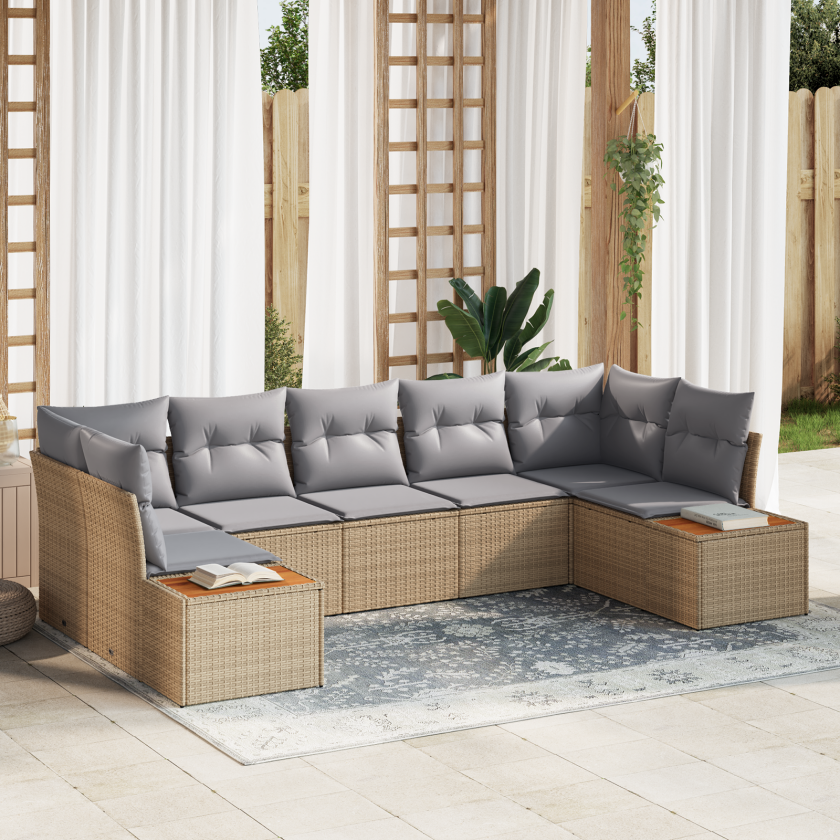 7 Delers Hagesofa-sett med Puter Beige Poly Rattan