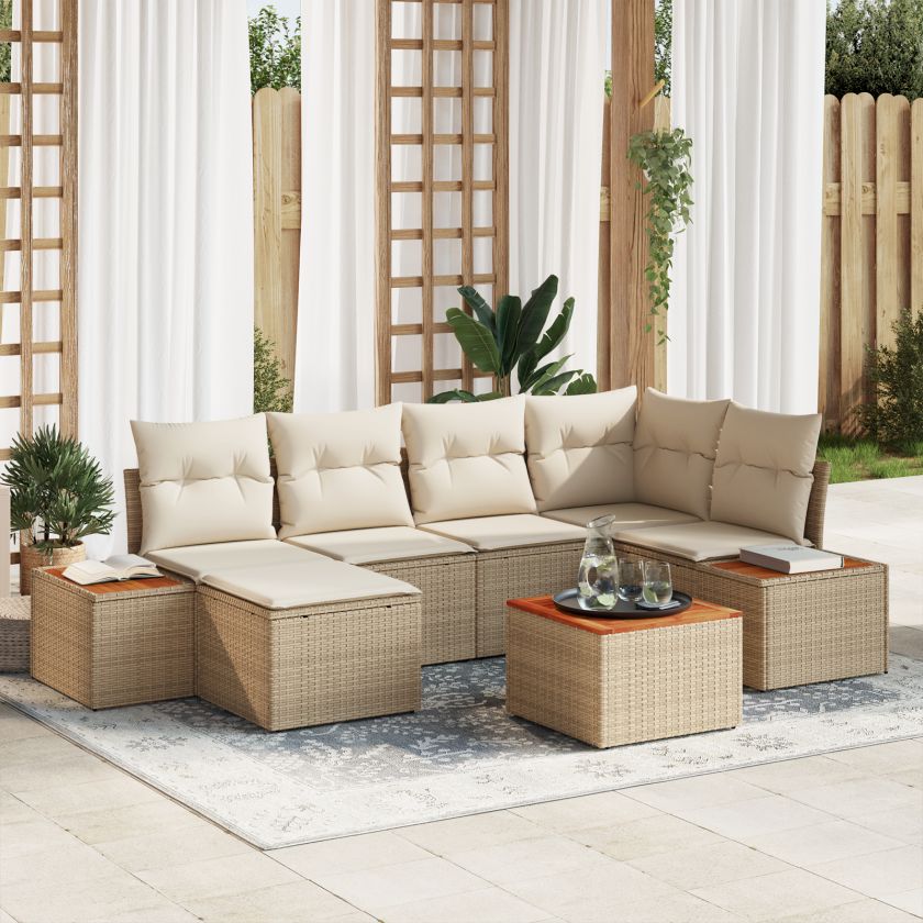 7-delt Hage Sofa Sett med Puter Beige Poly Rattan Akasia