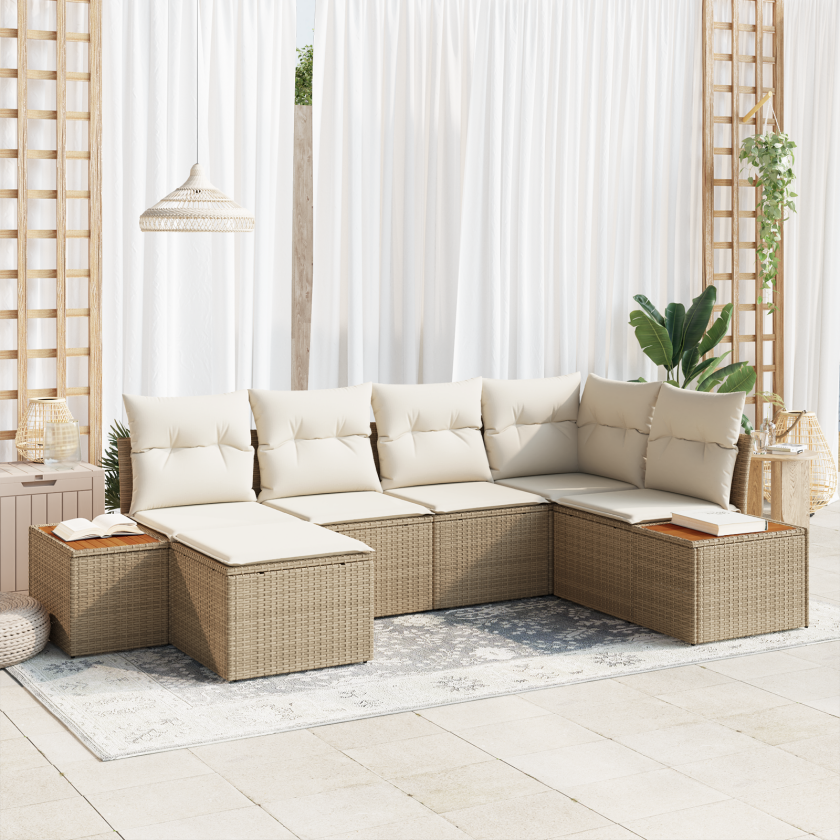6-delt hagesofa med puter beige poly rotting akacia