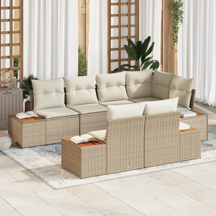 7-delt Hagesofa Sett med Puter Beige Poly Rattan Acacia