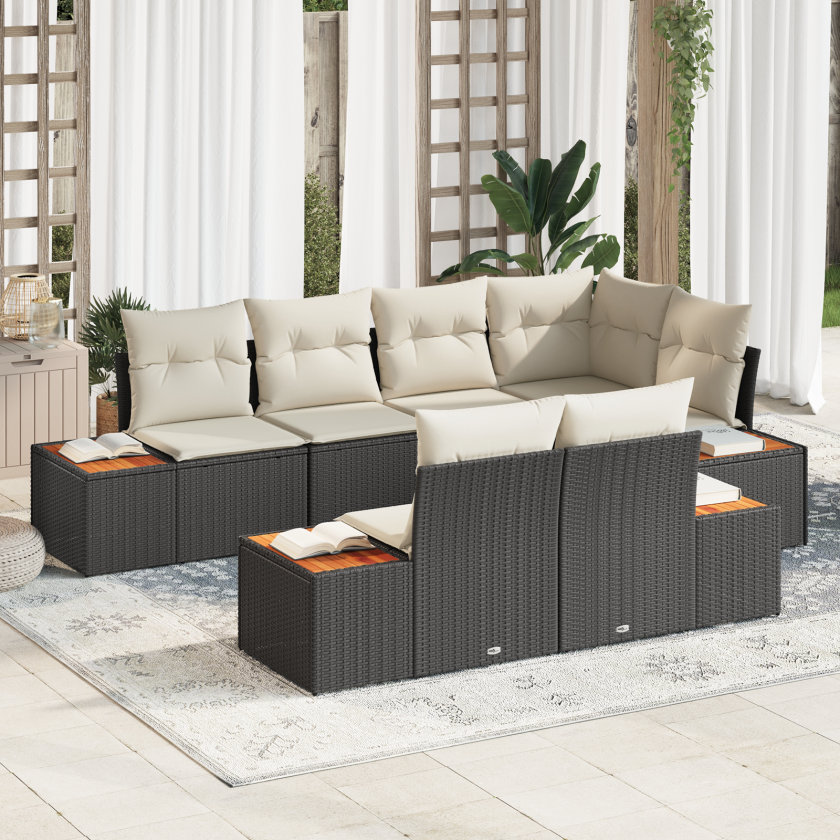 7-delt Hagesofa Set med Puter Svart Poly Rattan Akacia