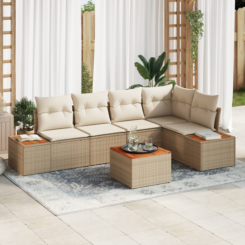 6 deler hagesofa sett med puter beige poly rattan akasietre