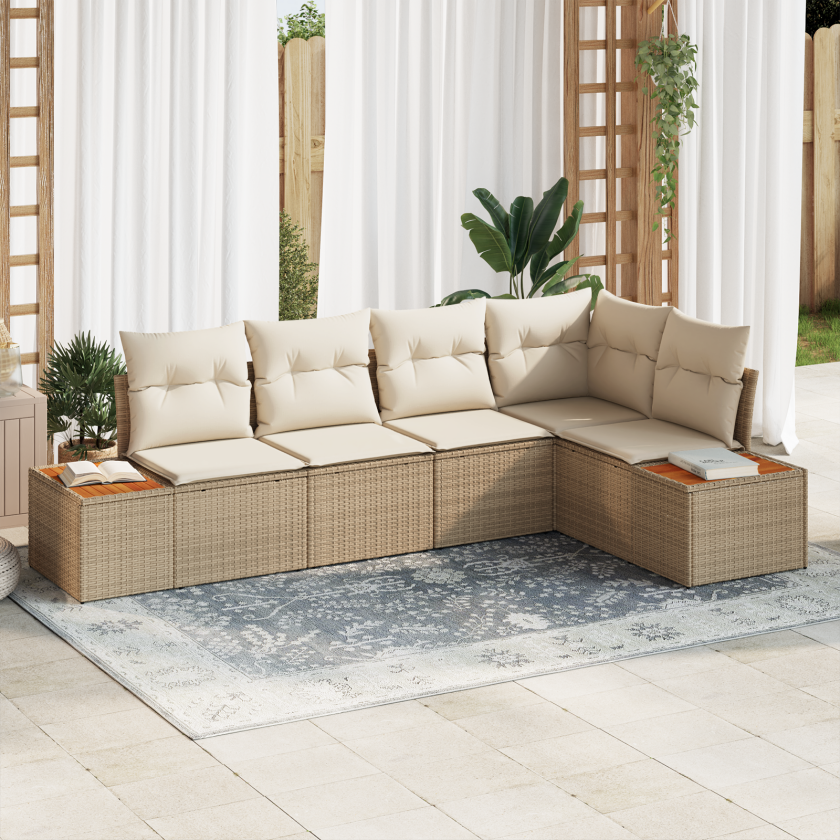 5 Delt Hage Sofa Sett med Puter Beige Poly Rattan Akasie