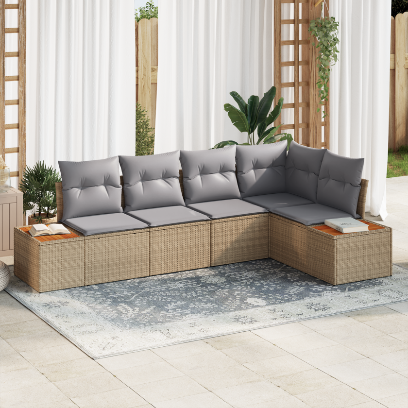 5-delt hagesofa sett med puter i beige poly rattan