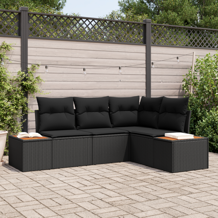 4-delers Hagesofa Set med Puter Svart Poly Rattan