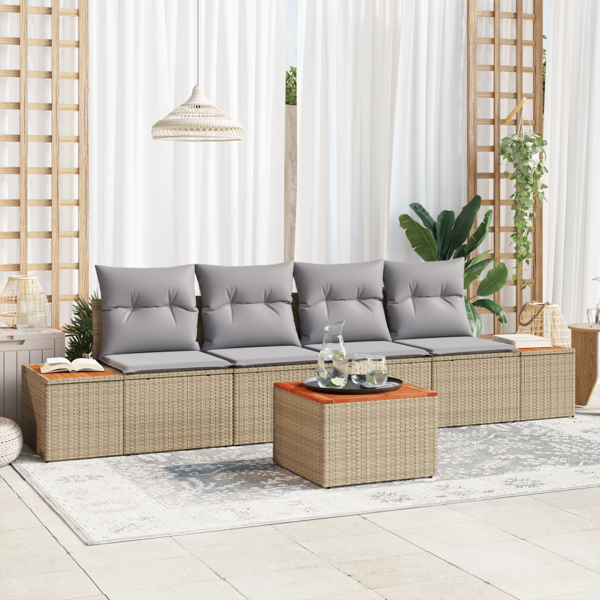 5-delt Hage Sofa Set med Puter Beige Poly Rottning Akasie