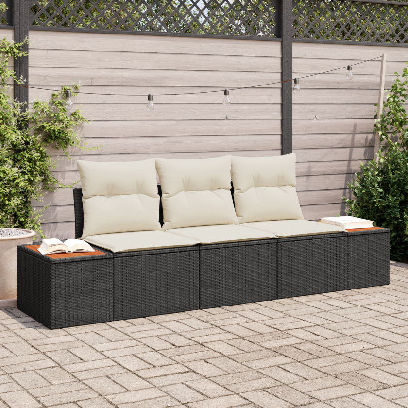 3-delt Hagesofa-sett med Puter Svart Poly Rattan Akacia