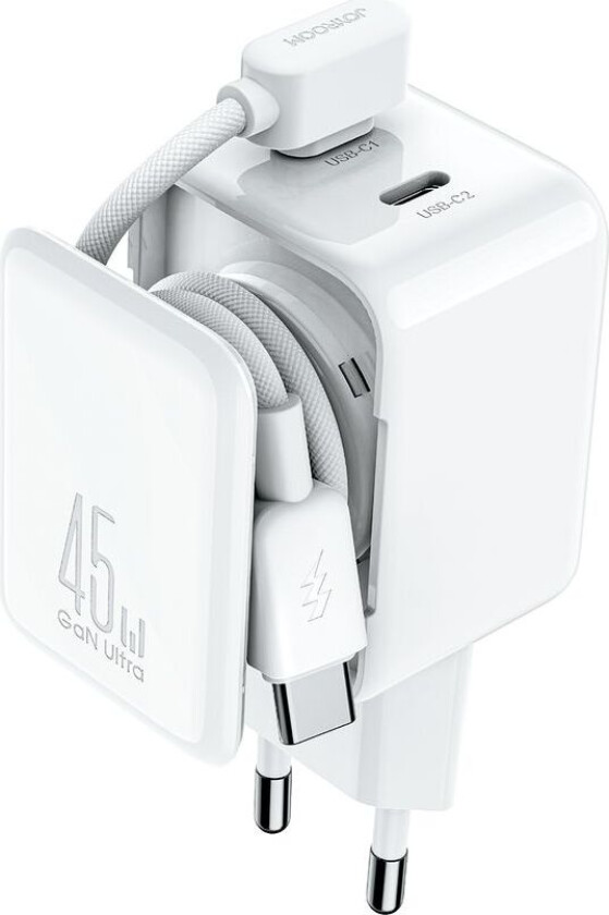 GaN USB-C-lader 45W med kabelhåndtering – hvit