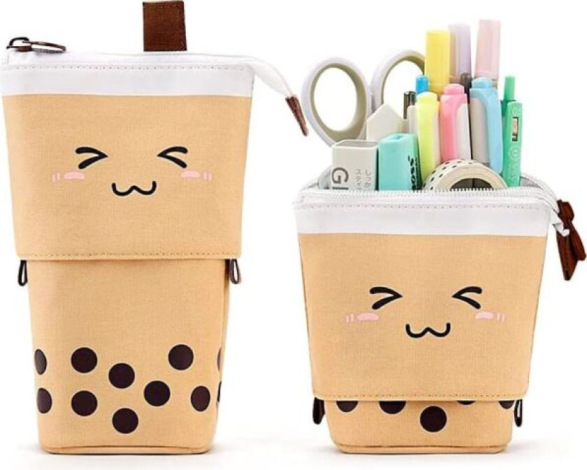 Boba søt stående pennal, Pop Up pennal sminkepung, Stand UP barnas penneholder arrangør kosmetikkveske, Kawaii stasjonær (Brun)