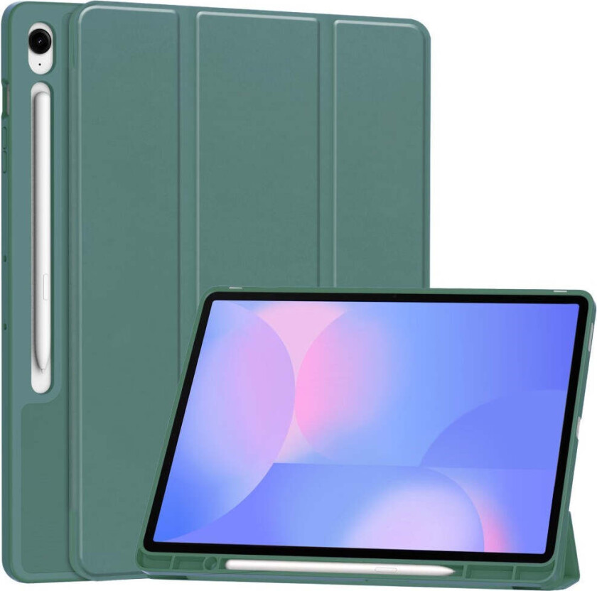 Samsung Galaxy Tab S10 FE+ (Plus) Tri-Fold Kunstskinn Flip Deksel med Stylus Pen Holder - Mørkegrønn