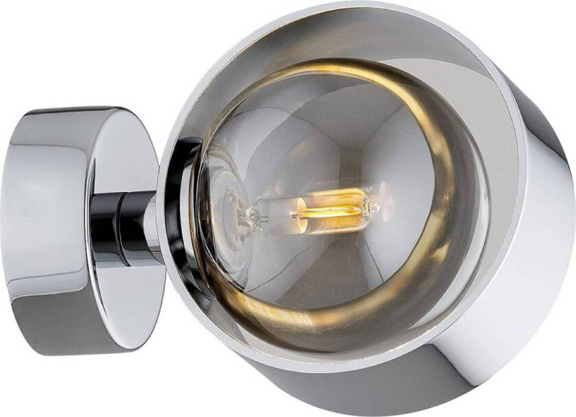 Vegglampe Mado, stål kromfarget, glass røyk, 1 lyskilde