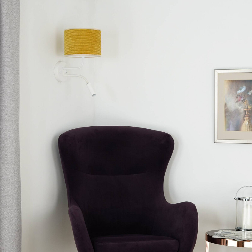 Vegglampe, ledning, hvit/sennepsgul, leselampe