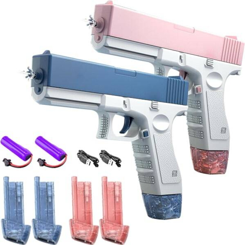 Elektrisk Vannpistol 2 stk, Kraftige Vannpistoler for Barn med 2 Avtakbare Magasiner, Langtrekkende Trykksatt Sprøytepistol