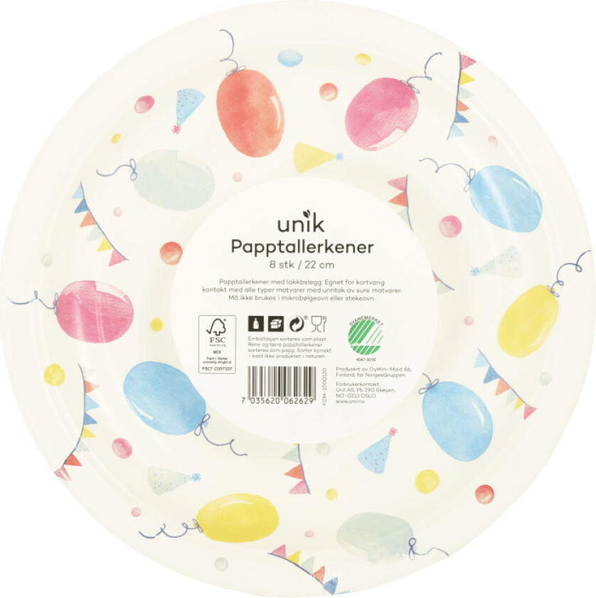 Papptallerken Party 22cm 8stk
