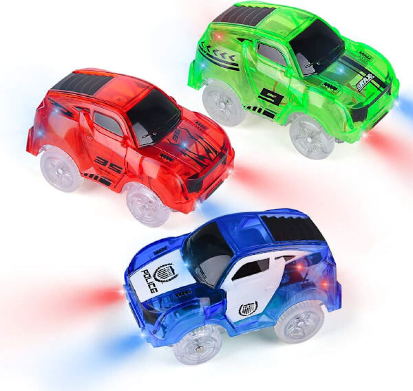 3-pakning LED nattlampe biler for barn (blå, rød, grønn)