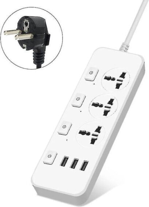 Strømskinne for USA/Storbritannia/EU med 5V2.1A overspenningsvern med 3 stikkontakter og 3 USB-porter